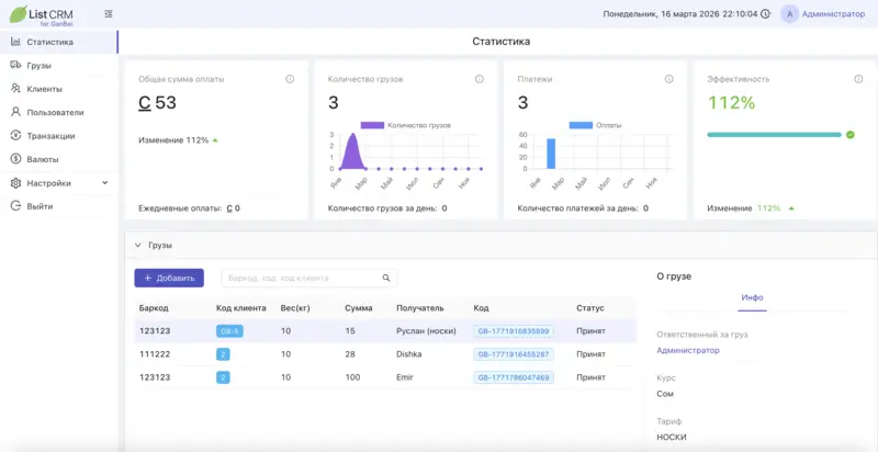 List CRM для карго из Китая: дашборд с суммой оплат, количеством грузов и платежей